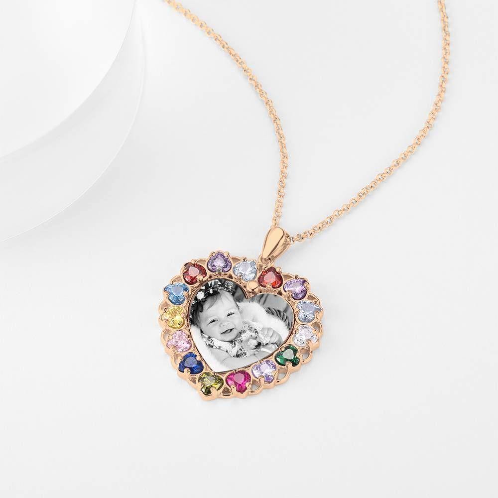 Photo Engraved Necklace Rhinestone Crystal Colorful, Heart-shaped Photo Necklace Best Gift Rose Gold Plated - Photocopying - soufeelus