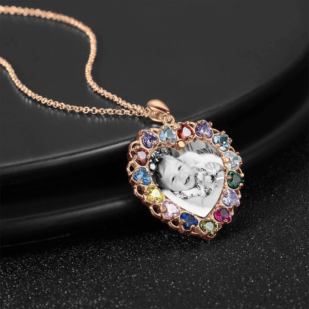 Photo Engraved Necklace Rhinestone Crystal Colorful, Heart-shaped Photo Necklace Best Gift Rose Gold Plated - Photocopying - soufeelus