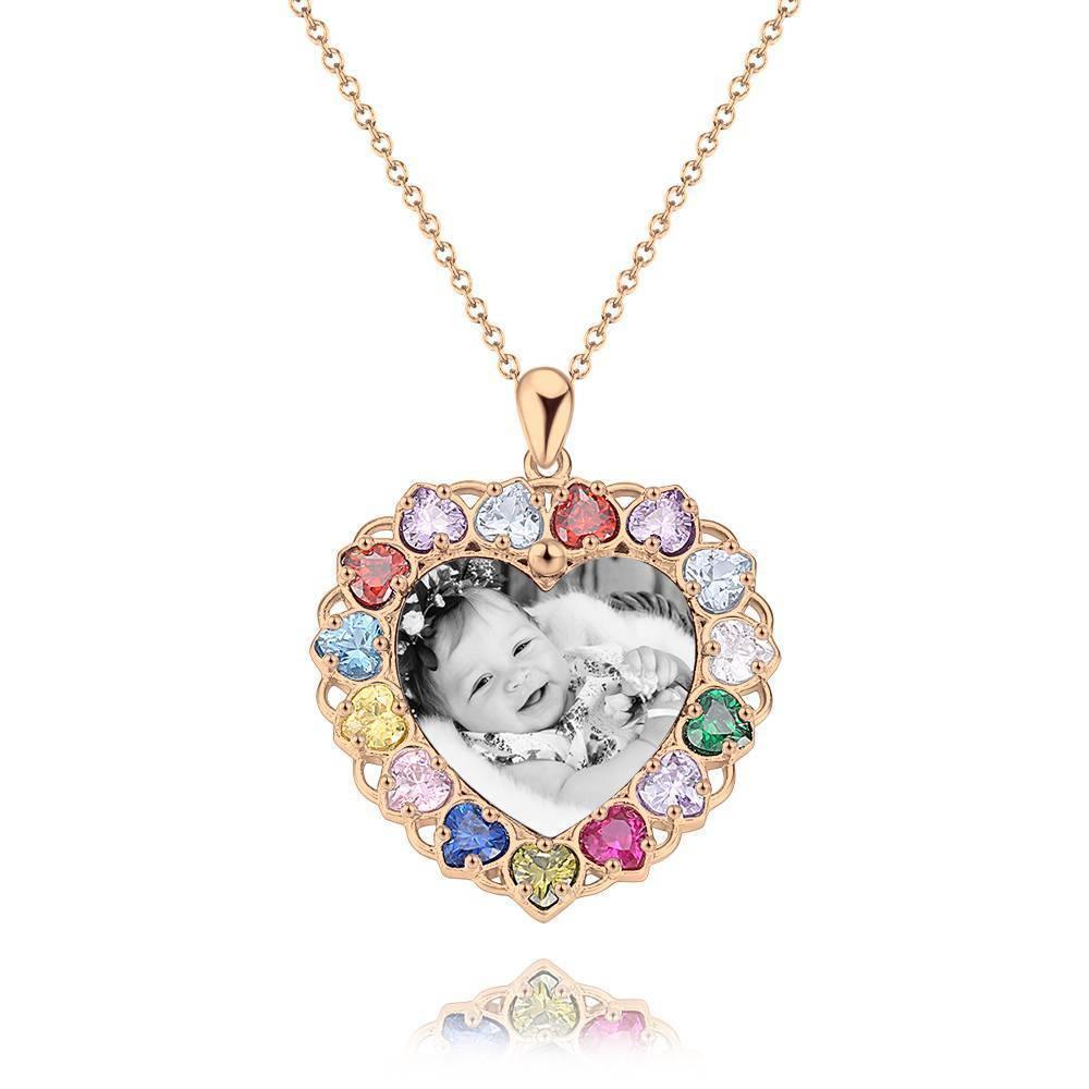 Photo Engraved Necklace Rhinestone Crystal Colorful, Heart-shaped Photo Necklace Best Gift Platinum Plated Silver - Photocopying - soufeelus