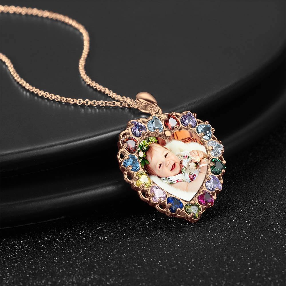 Photo Engraved Necklace Rhinestone Crystal Colorful, Heart-shaped Photo Necklace Keepsake Gift Rose Gold Plated - Colorful - soufeelus