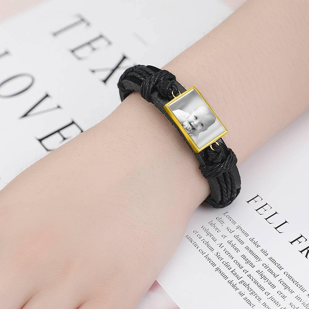 Photo Bracelet, Keepsake Gift Black Leather Square-shaped 14K Plated Gold Golden - Photocopying - soufeelus