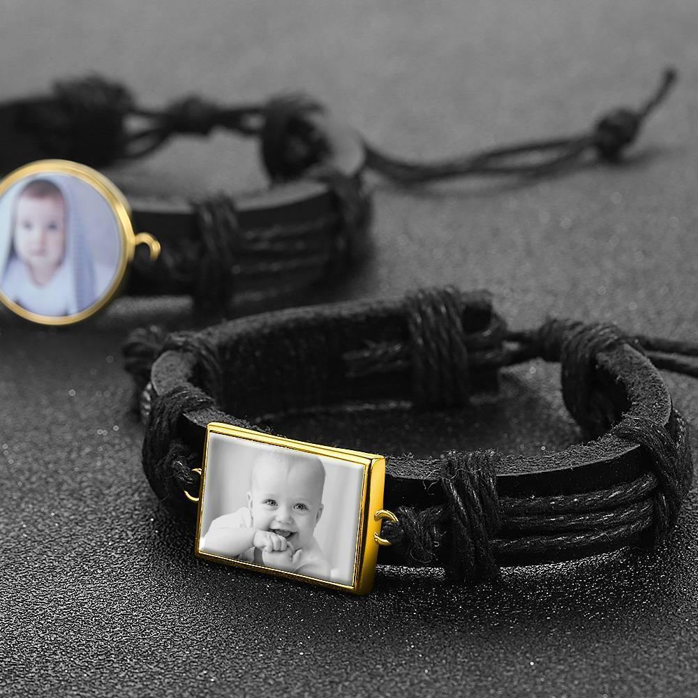 Photo Bracelet, Keepsake Gift Black Leather Square-shaped 14K Plated Gold Golden - Photocopying - soufeelus