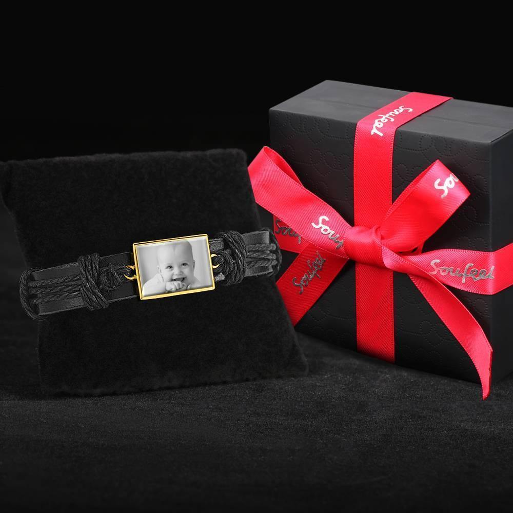 Photo Bracelet, Keepsake Gift Black Leather Square-shaped 14K Plated Gold Golden - Photocopying - soufeelus
