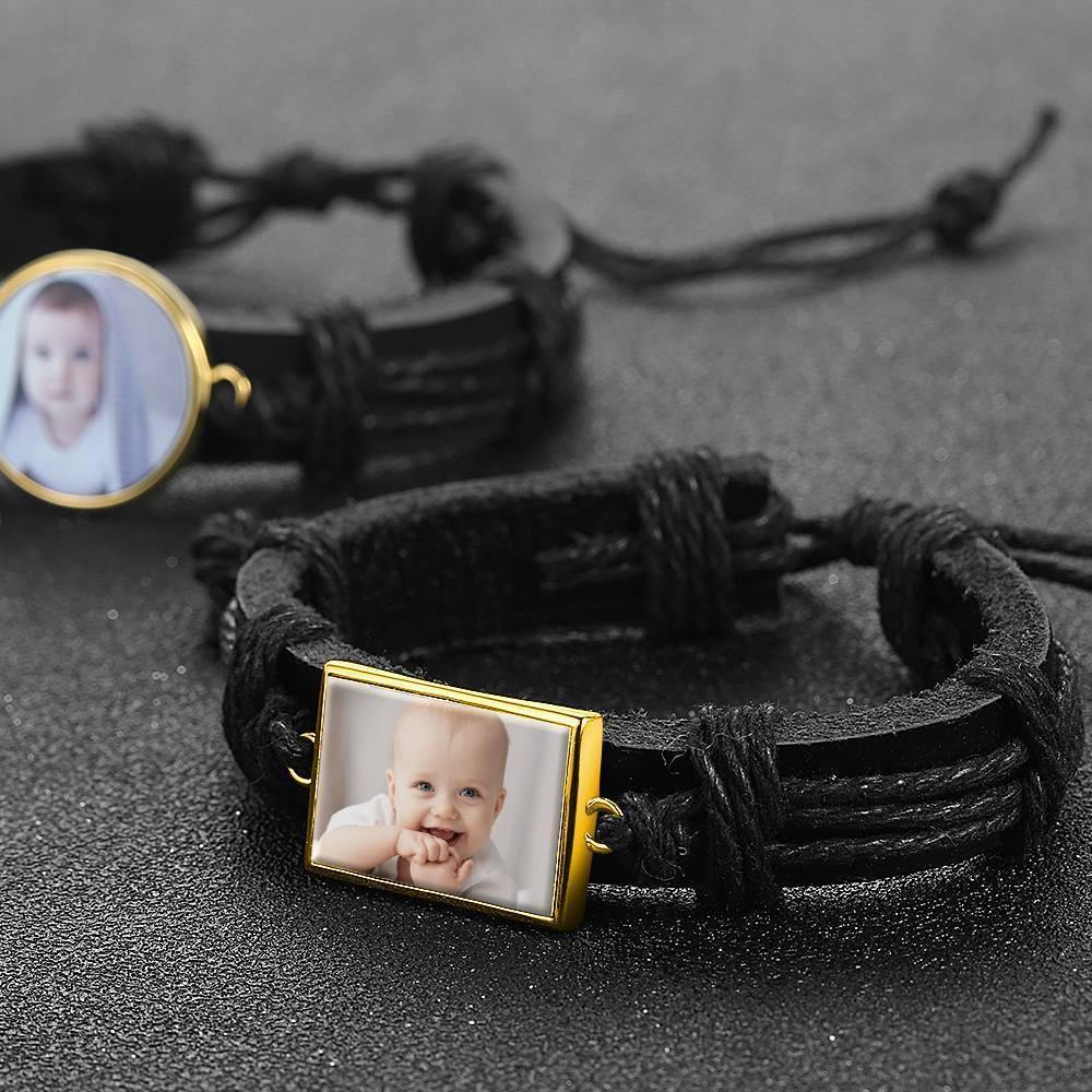 Photo Bracelet, Keepsake Gift Black Leather Square-shaped 14K Plated Gold Golden - Colorful - soufeelus