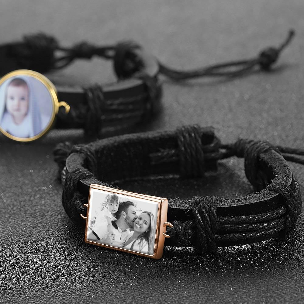 Photo Bracelet, Keepsake Gift Black Leather Square-shaped Rose Gold Plated - Photocopying - soufeelus