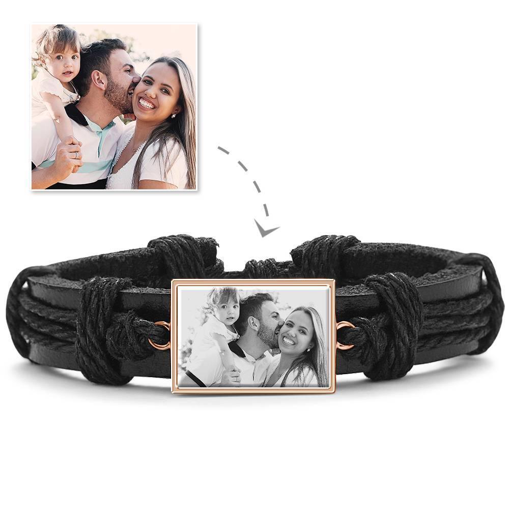 Photo Bracelet, Keepsake Gift Black Leather Square-shaped Platinum Plated Silver - Photocopying - soufeelus