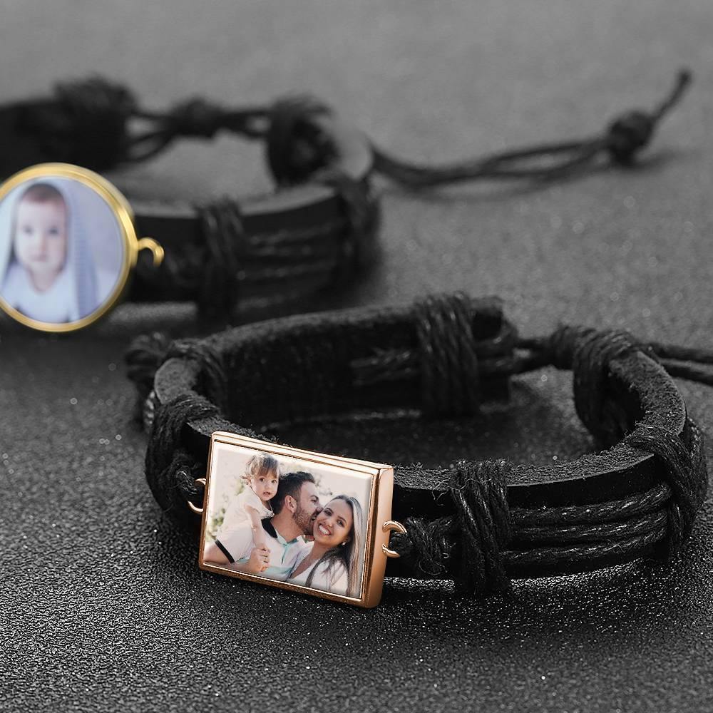 Photo Bracelet, Keepsake Gift Black Leather Square-shaped Rose Gold Plated - Colorful - soufeelus