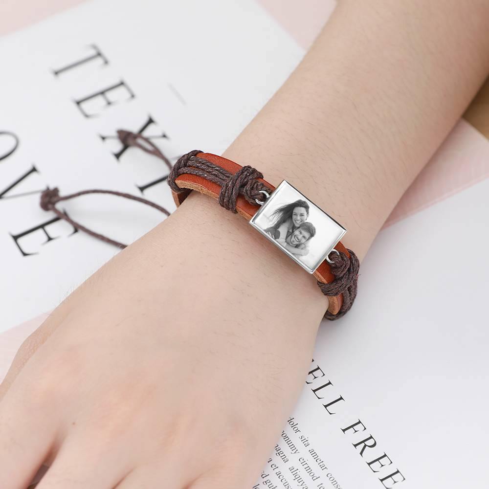 Photo Bracelet, Unique Gift Brown Leather Square-shaped Platinum Plated Silver - Photocopying - soufeelus