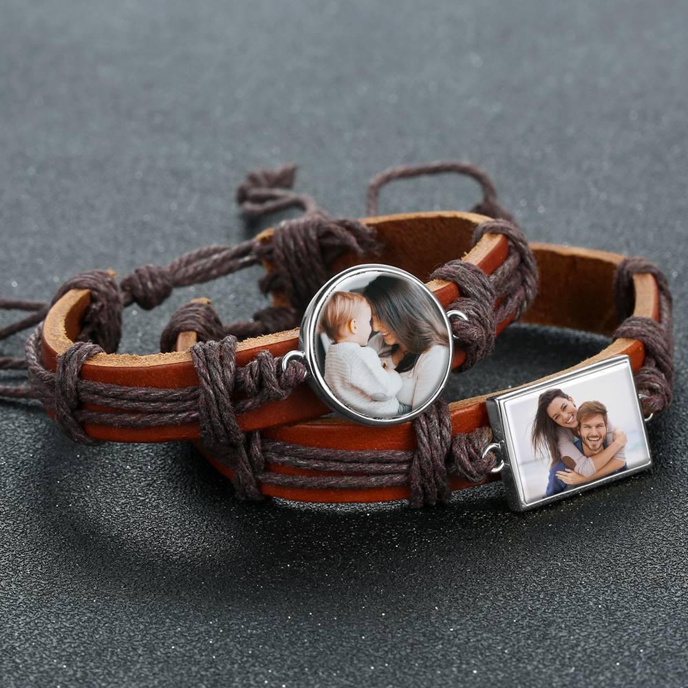 Photo Bracelet, Unique Gift Brown Leather Square-shaped Platinum Plated Silver - Colorful - soufeelus