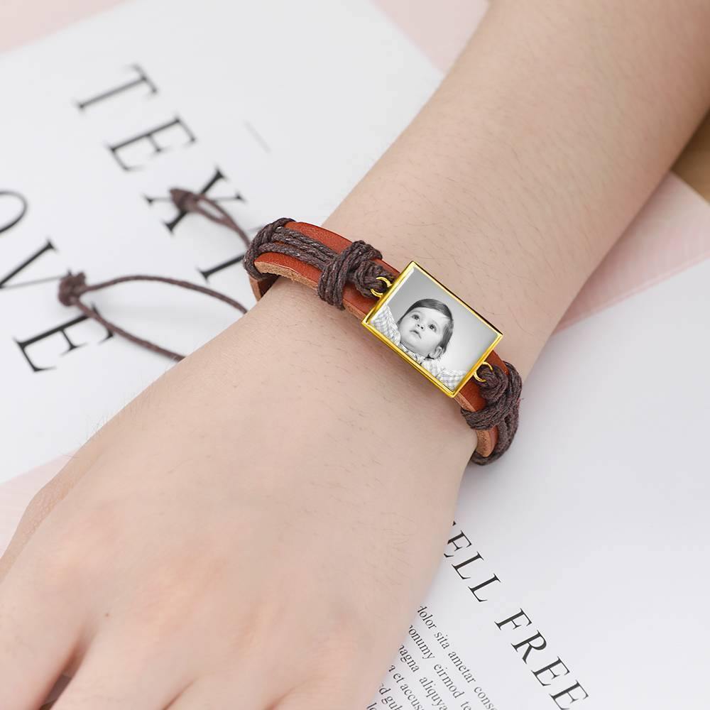 Photo Bracelet, Unique Gift Brown Leather Square-shaped 14K Plated Gold Golden - Photocopying - soufeelus