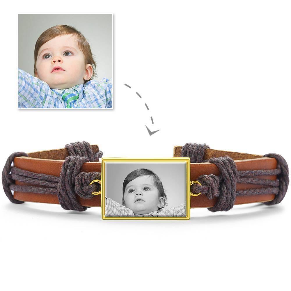 Photo Bracelet, Unique Gift Brown Leather Square-shaped 14K Plated Gold Golden - Photocopying - soufeelus