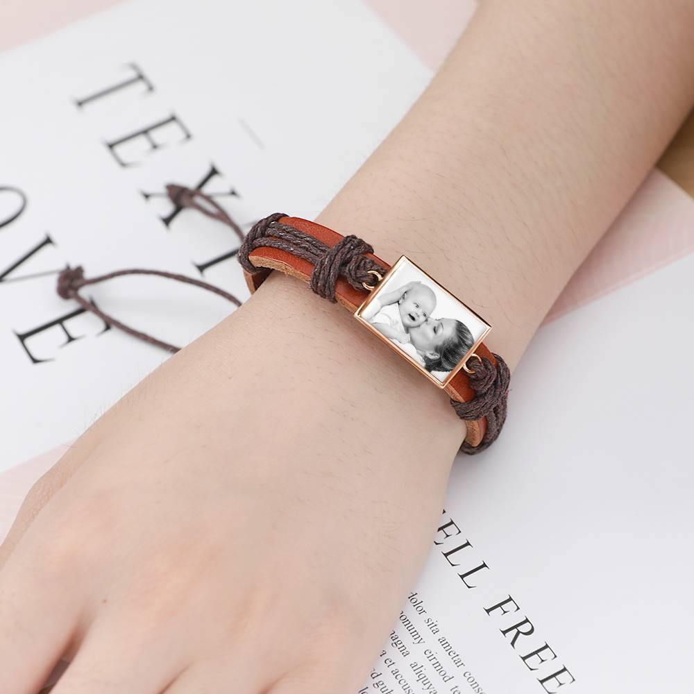 Photo Bracelet, Keepsake Gift Brown Leather Square-shaped Rose Gold Plated - Photocopying - soufeelus