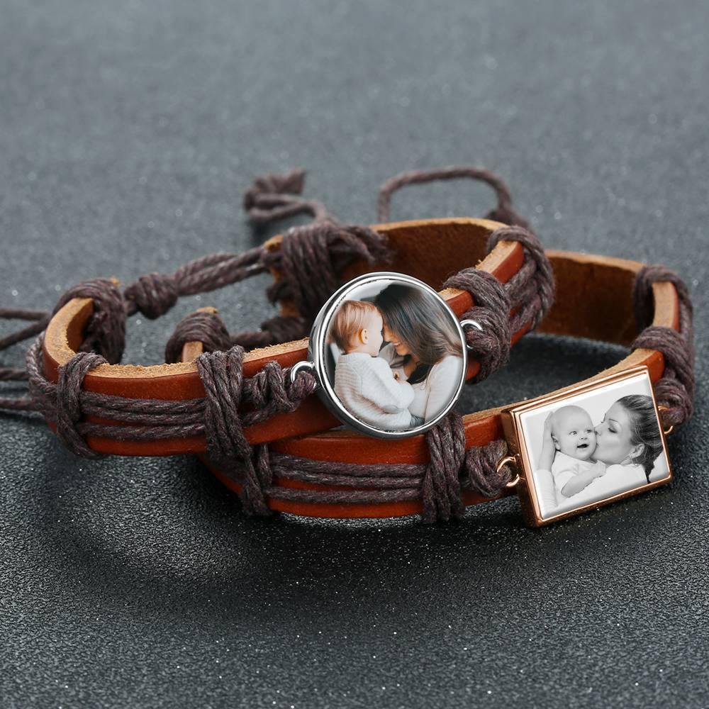 Photo Bracelet, Keepsake Gift Brown Leather Square-shaped Rose Gold Plated - Photocopying - soufeelus