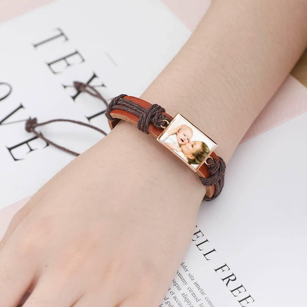 Photo Bracelet, Keepsake Gift Brown Leather Square-shaped Rose Gold Plated - Colorful - soufeelus