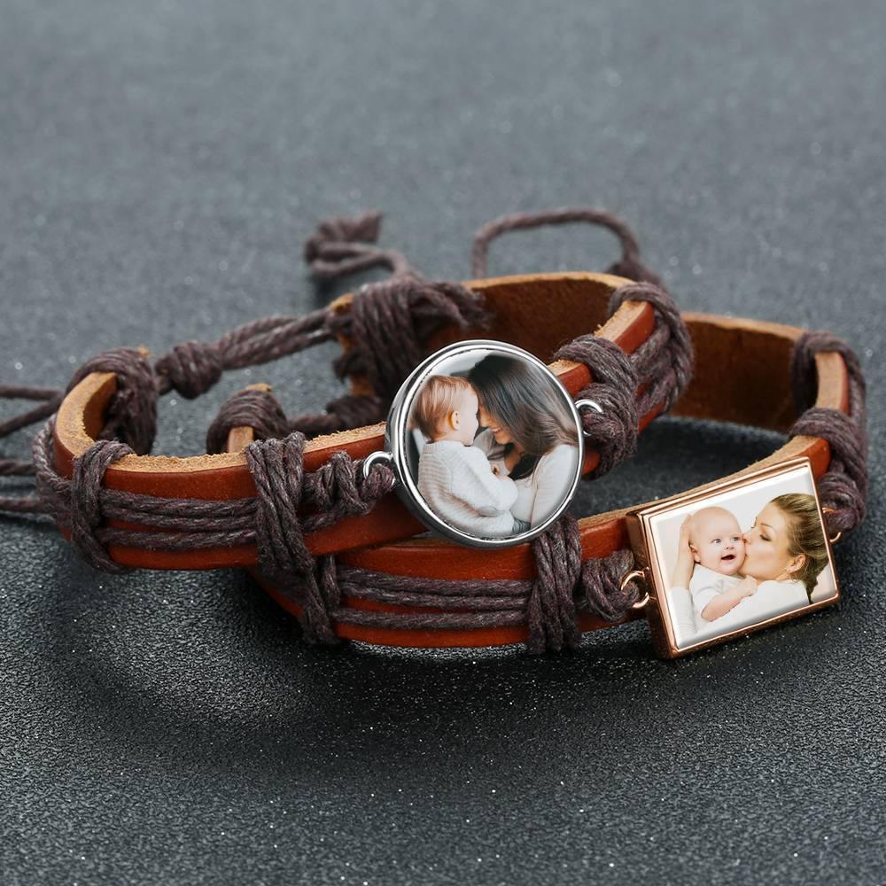 Photo Bracelet, Keepsake Gift Brown Leather Square-shaped Rose Gold Plated - Colorful - soufeelus