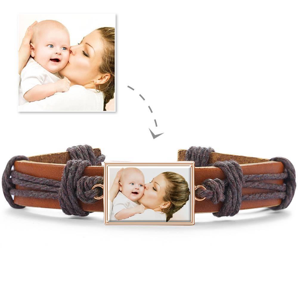 Photo Bracelet, Keepsake Gift Brown Leather Square-shaped Rose Gold Plated - Colorful - soufeelus