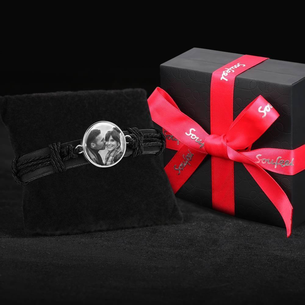 Photo Bracelet, Keepsake Gift Black Leather Round-shaped Platinum Plated Silver - Photocopying - soufeelus