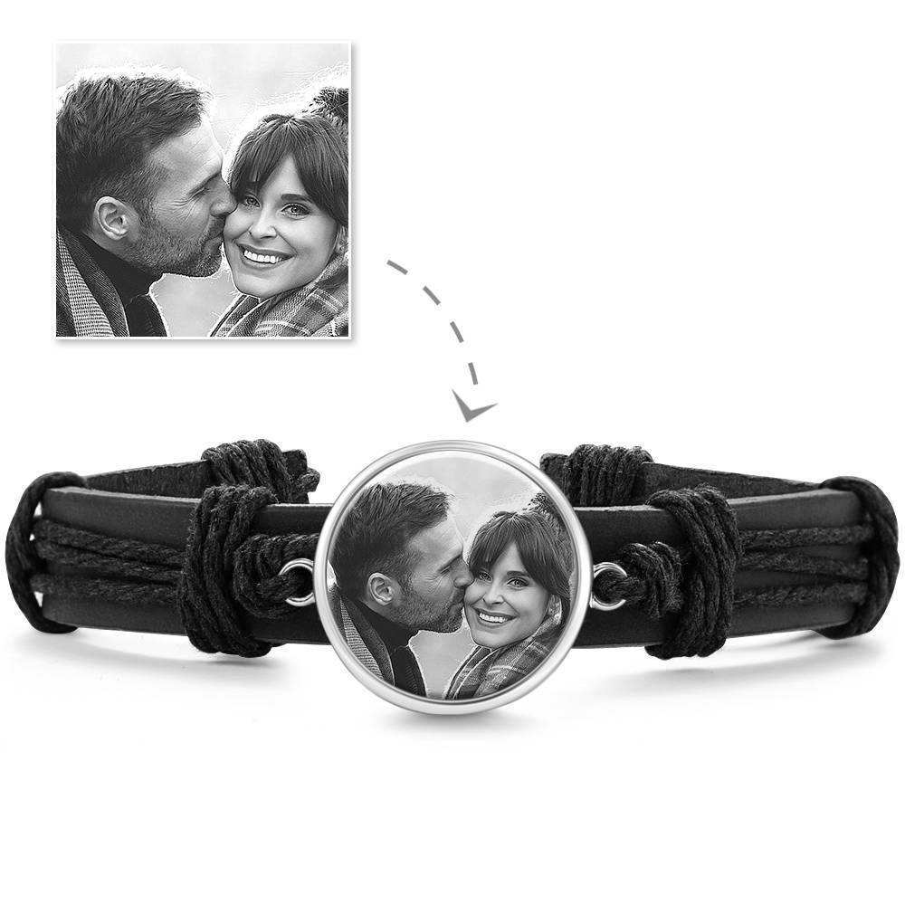 Photo Bracelet, Keepsake Gift Black Leather Round-shaped Platinum Plated Silver - Photocopying - soufeelus