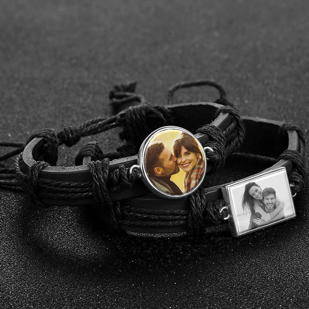 Photo Bracelet, Keepsake Gift Black Leather Round-shaped Platinum Plated Silver - Colorful - soufeelus