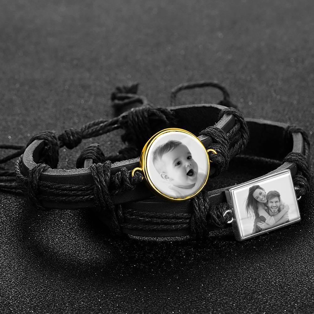 Photo Bracelet, Keepsake Gift Black LeatherRound-shaped 14K Plated Gold Golden - Photocopying - soufeelus