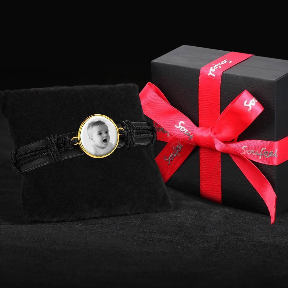 Photo Bracelet, Keepsake Gift Black LeatherRound-shaped 14K Plated Gold Golden - Photocopying - soufeelus