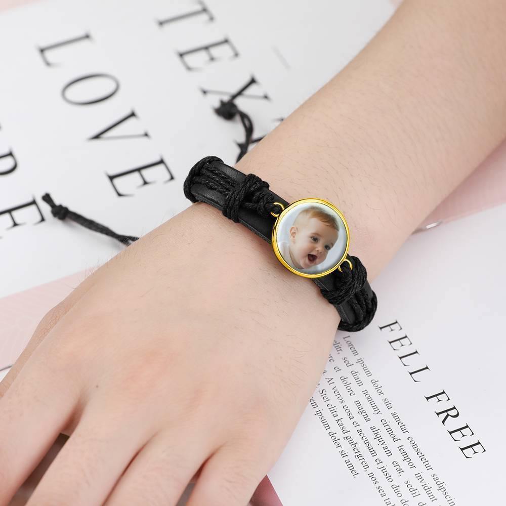 Photo Bracelet, Keepsake Gift Black Leather Round-shaped 14K Plated Gold Golden - Colorful - soufeelus