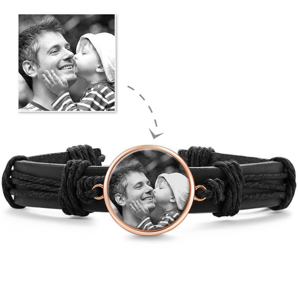 Photo Bracelet, Keepsake Gift Black Leather Round-shaped Platinum Plated Silver - Photocopying - soufeelus