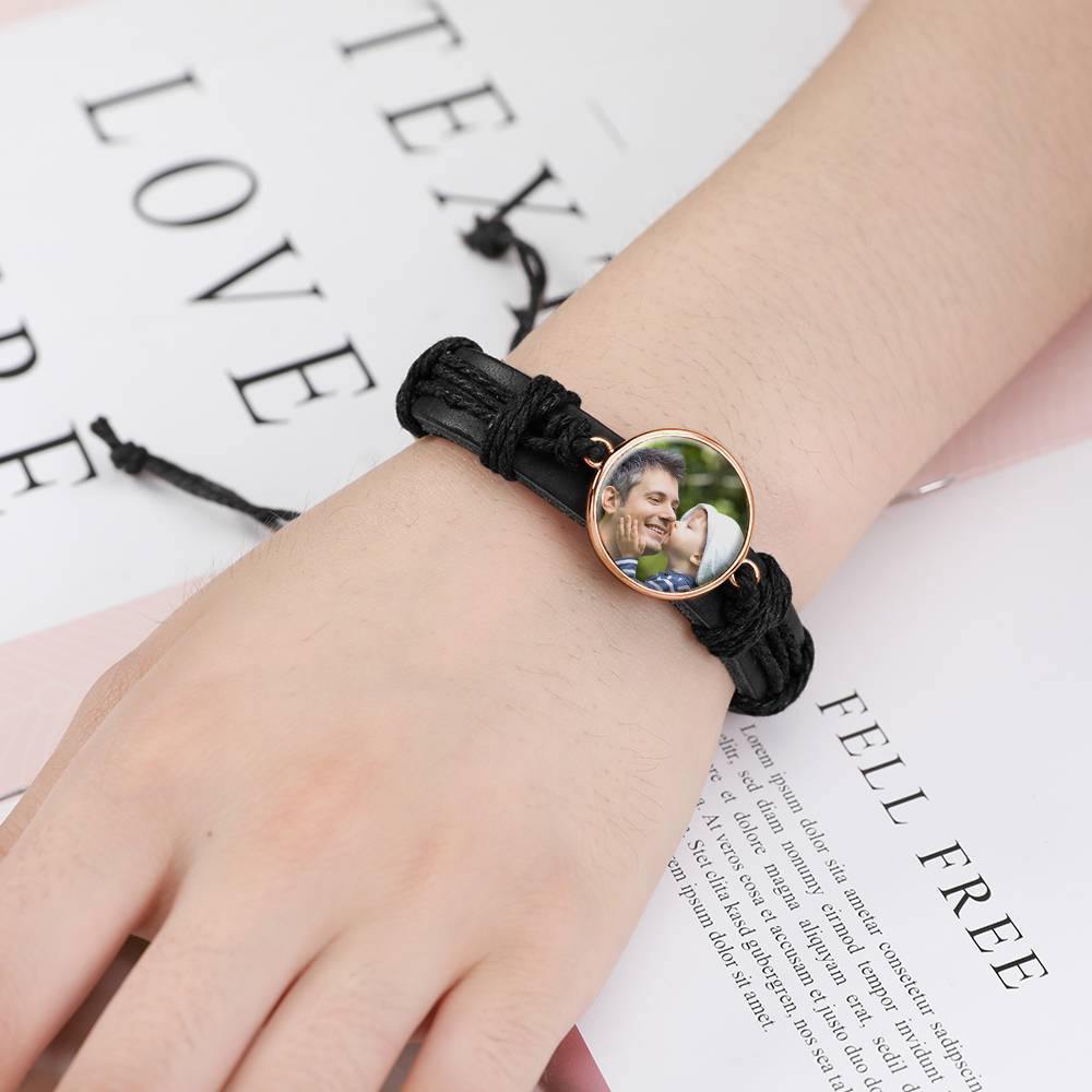 Photo Bracelet, Keepsake Gift Black Leather Round-shaped Rose Gold Plated - Colorful - soufeelus