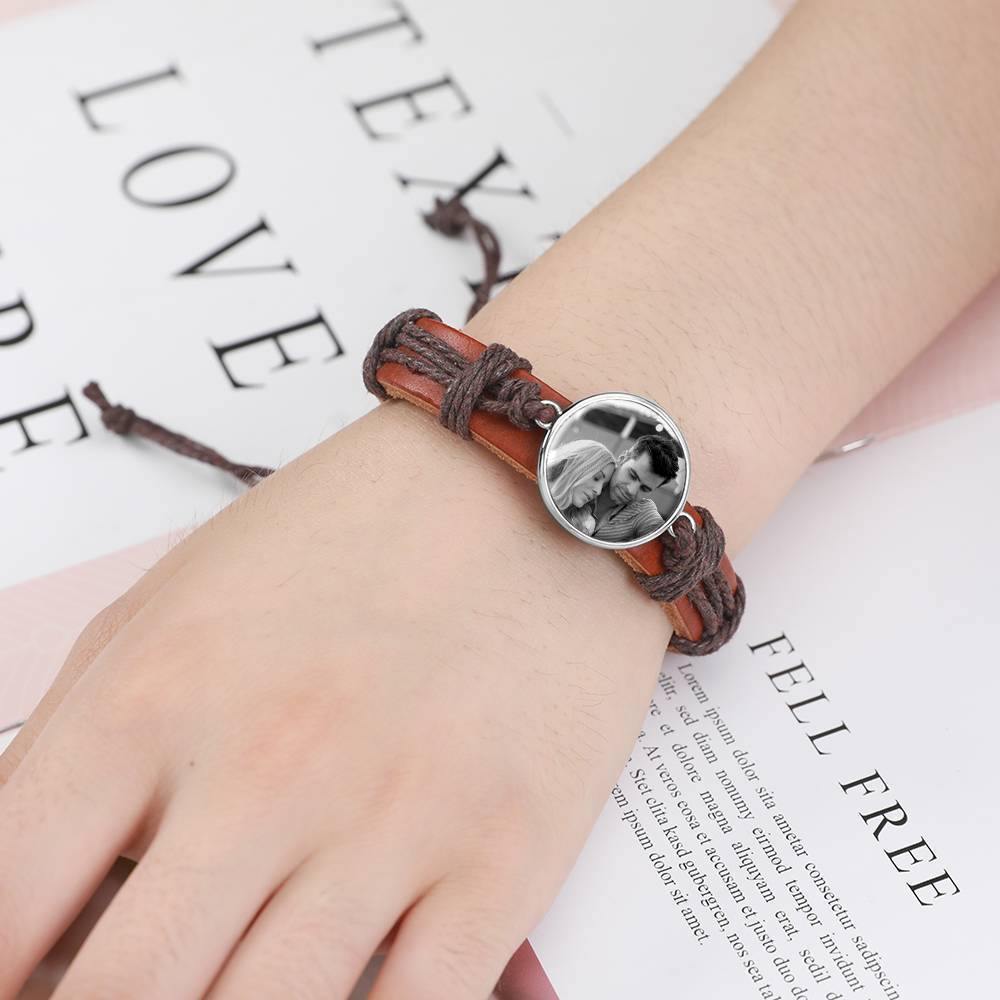 Photo Bracelet, Unique Gift Brown Leather Square-shaped Platinum Plated Silver - Photocopying - soufeelus