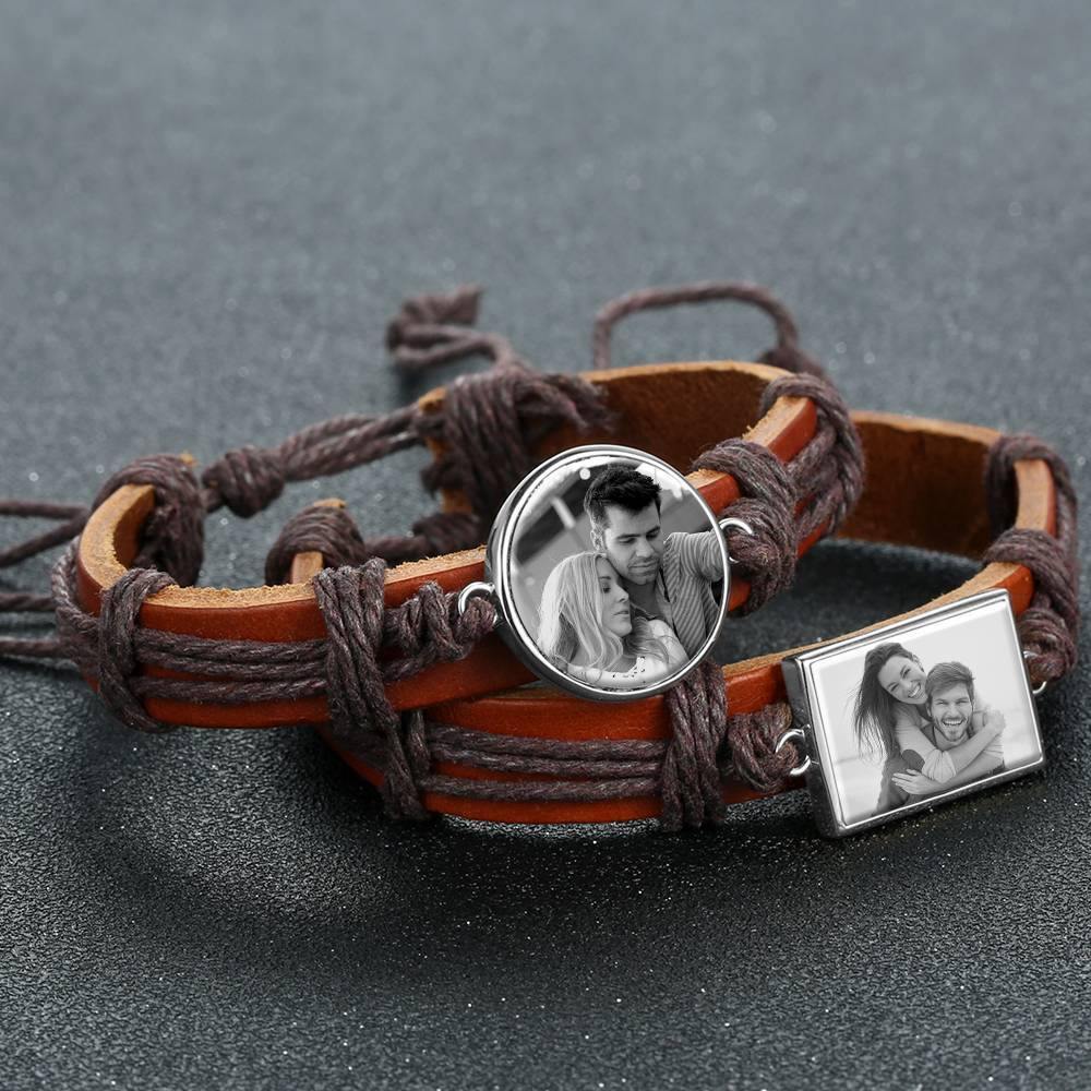 Photo Bracelet, Unique Gift Brown Leather Square-shaped Platinum Plated Silver - Photocopying - soufeelus