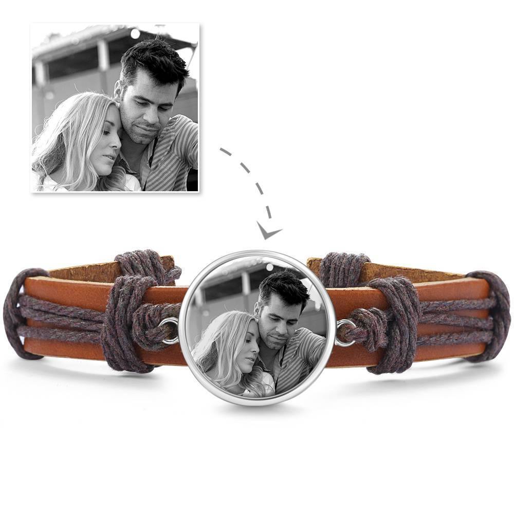 Photo Bracelet, Unique Gift Brown Leather Square-shaped Platinum Plated Silver - Photocopying - soufeelus