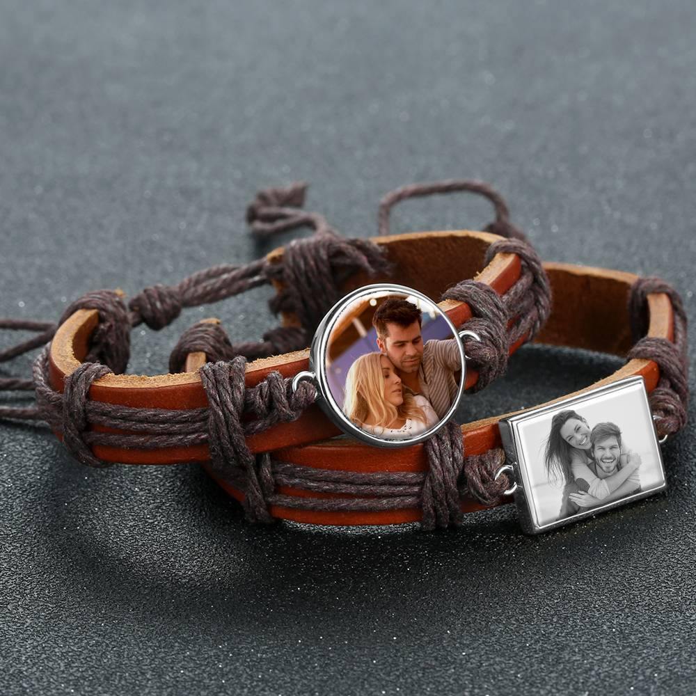 Photo Bracelet, Unique Gift Brown Leather Square-shaped Platinum Plated Silver - Colorful - soufeelus