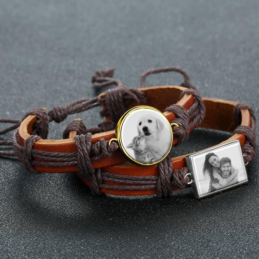 Photo Bracelet, Unique Gift Brown Leather Square-shaped 14K Plated Gold Golden - Photocopying - soufeelus