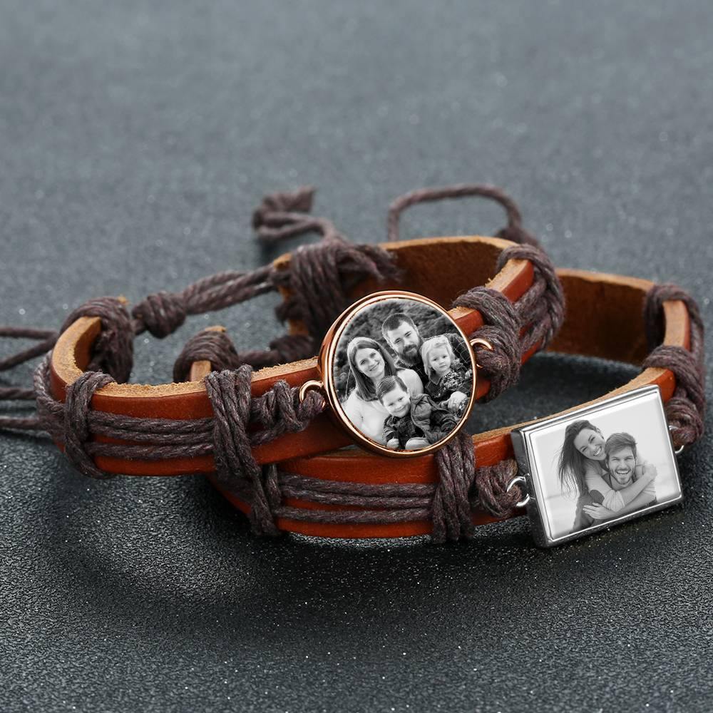 Photo Bracelet, Keepsake Gift Brown Leather Square-shaped Rose Gold Plated - Photocopying - soufeelus