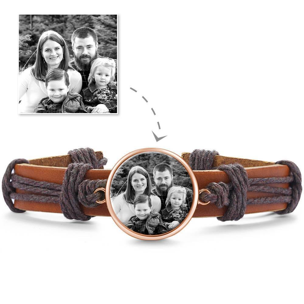 Photo Bracelet, Unique Gift Brown Leather Square-shaped Platinum Plated Silver - Photocopying - soufeelus