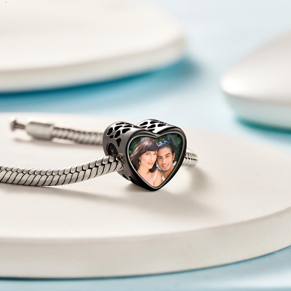 Custom Photo Charm Heart Bead Black Plated Charm Gift for Lover - 