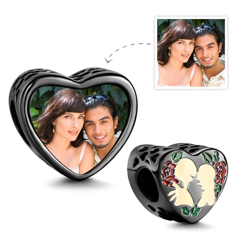 Custom Photo Charm Heart Bead Black Plated Charm Gift for Lover - 