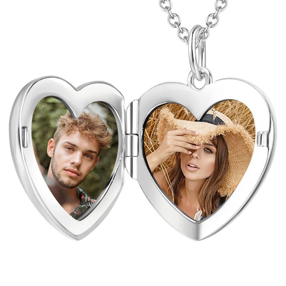 Photo Engraved Necklace Heart Locket Necklace, Two Photos Platinum Plated - soufeelus