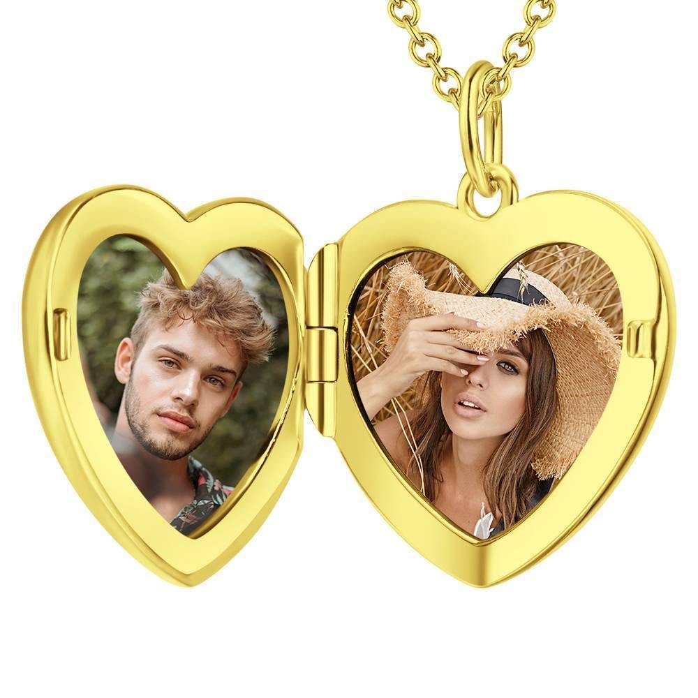 Photo Engraved Necklace Heart Locket Necklace Two Photos 14K Gold Plated - soufeelus