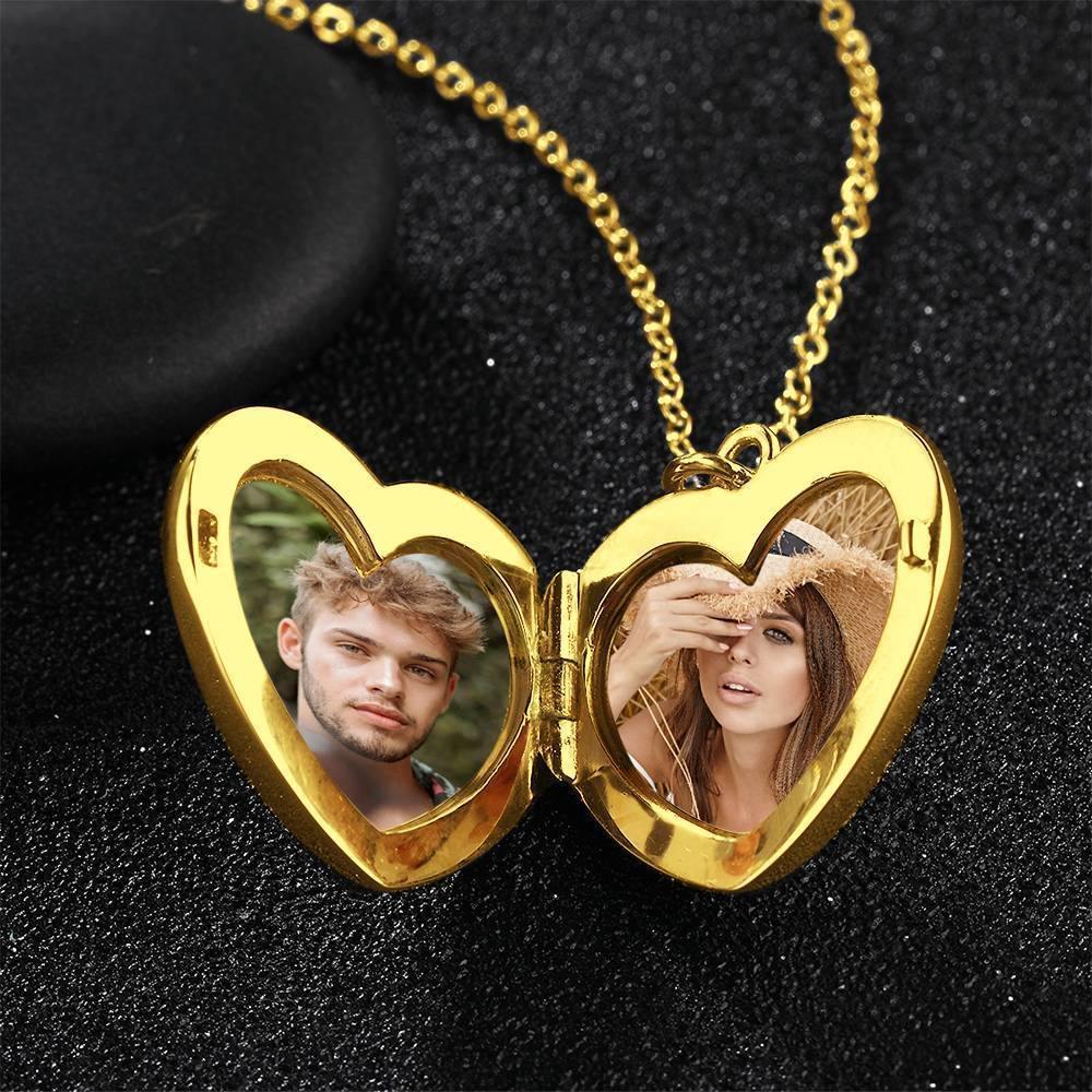 Photo Engraved Necklace Heart Locket Necklace Two Photos 14K Gold Plated - soufeelus