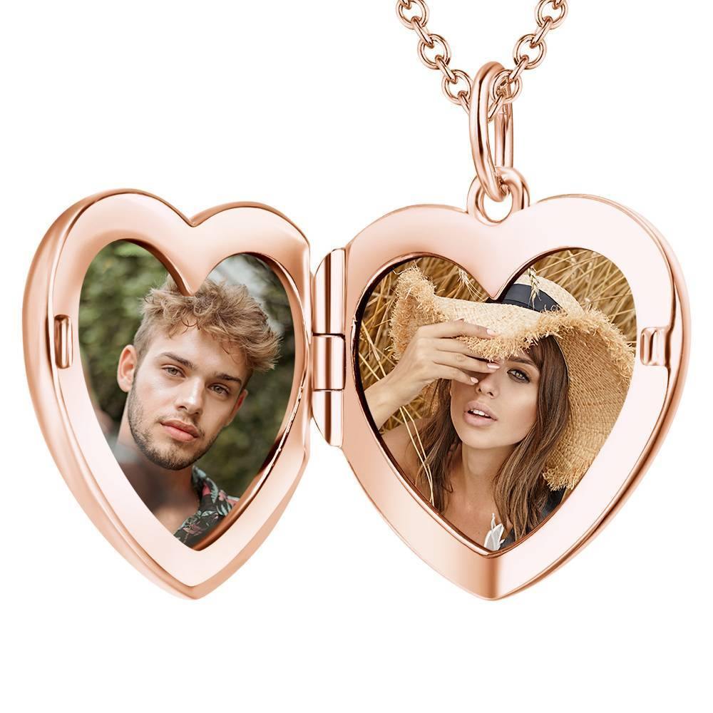 Photo Engraved Necklace Heart Locket Necklace Two Photos Perfect Gift Rose Gold Plated - soufeelus