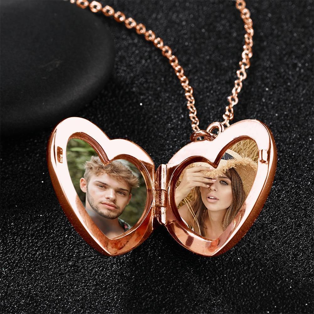Photo Engraved Necklace Heart Locket Necklace Two Photos Perfect Gift Rose Gold Plated - soufeelus