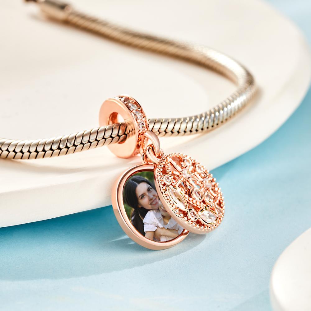 Custom Photo Engraved Charm Moon & Star Pendant Rose Gold Plated Gift for Mom -