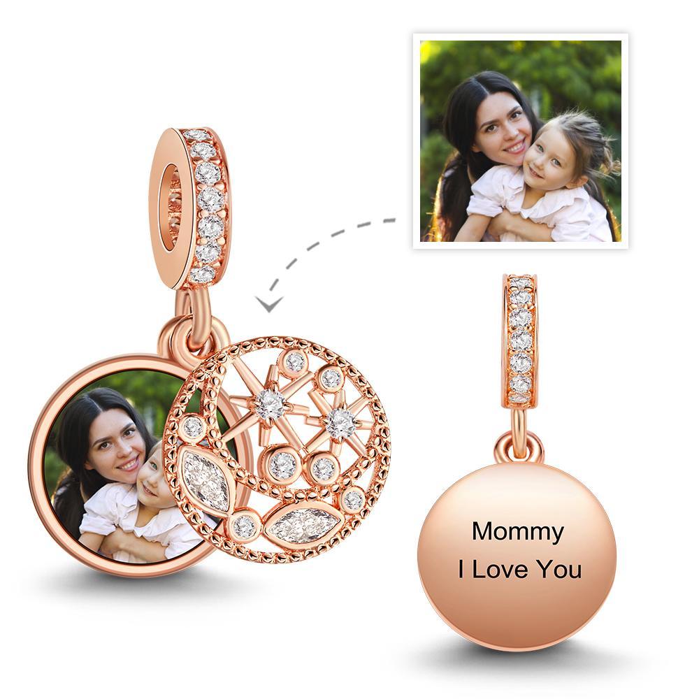 Custom Photo Engraved Charm Moon & Star Pendant Rose Gold Plated Gift for Mom - 