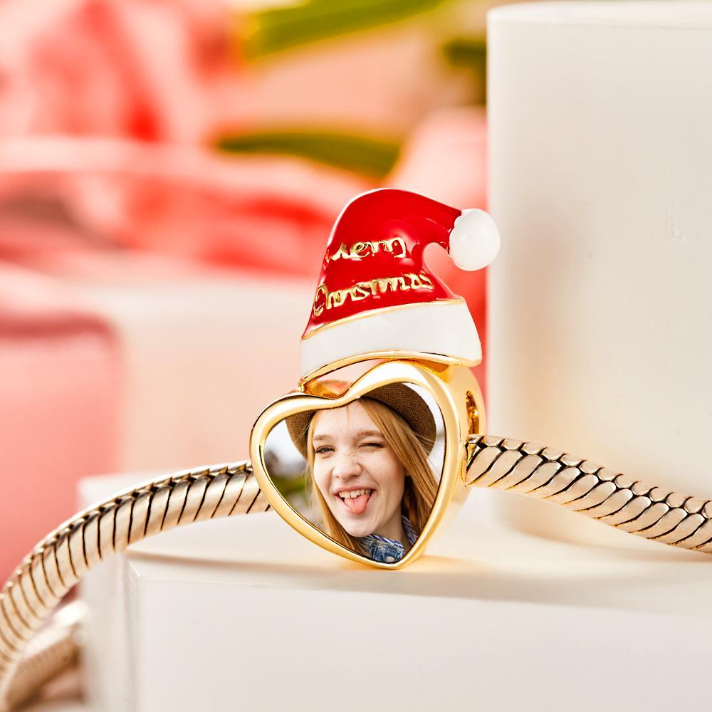 Custom Photo Charm Christmas Hat with Heart-shaped Charm Gift for Her - 