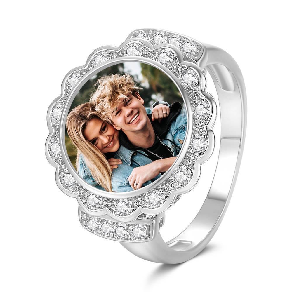 Photo Ring Round Photo with Zircon Mother's Gift Platinum Plated