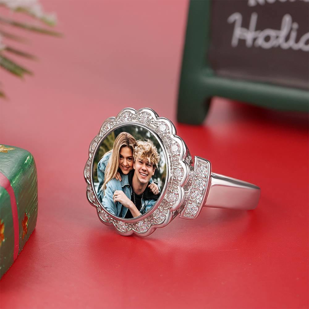 Photo Ring Round Photo with Zircon Mother's Gift Platinum Plated
