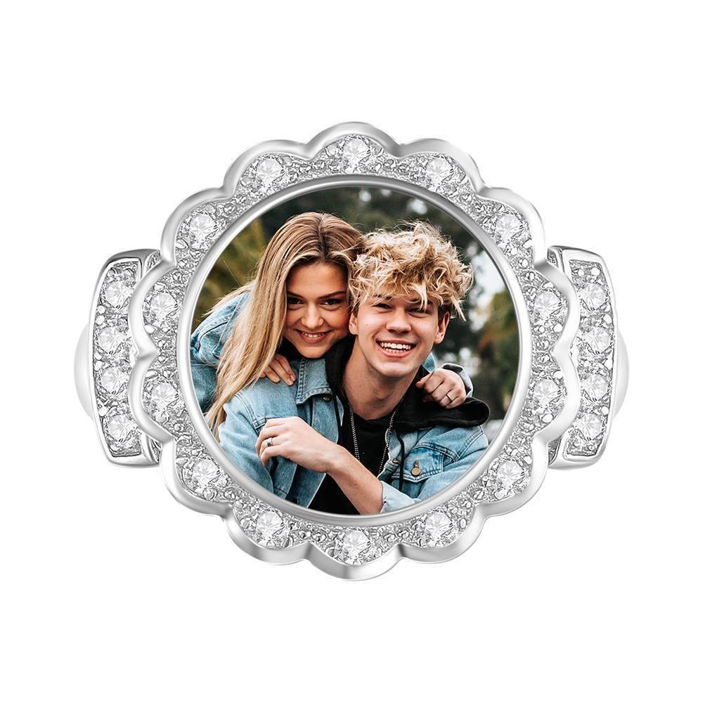 Photo Ring Round Photo with Zircon Mother's Gift Platinum Plated