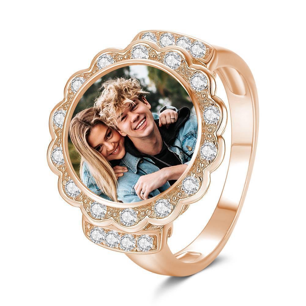 Photo Ring Round Photo with Zircon Mother's Gift 14K Gold Plated