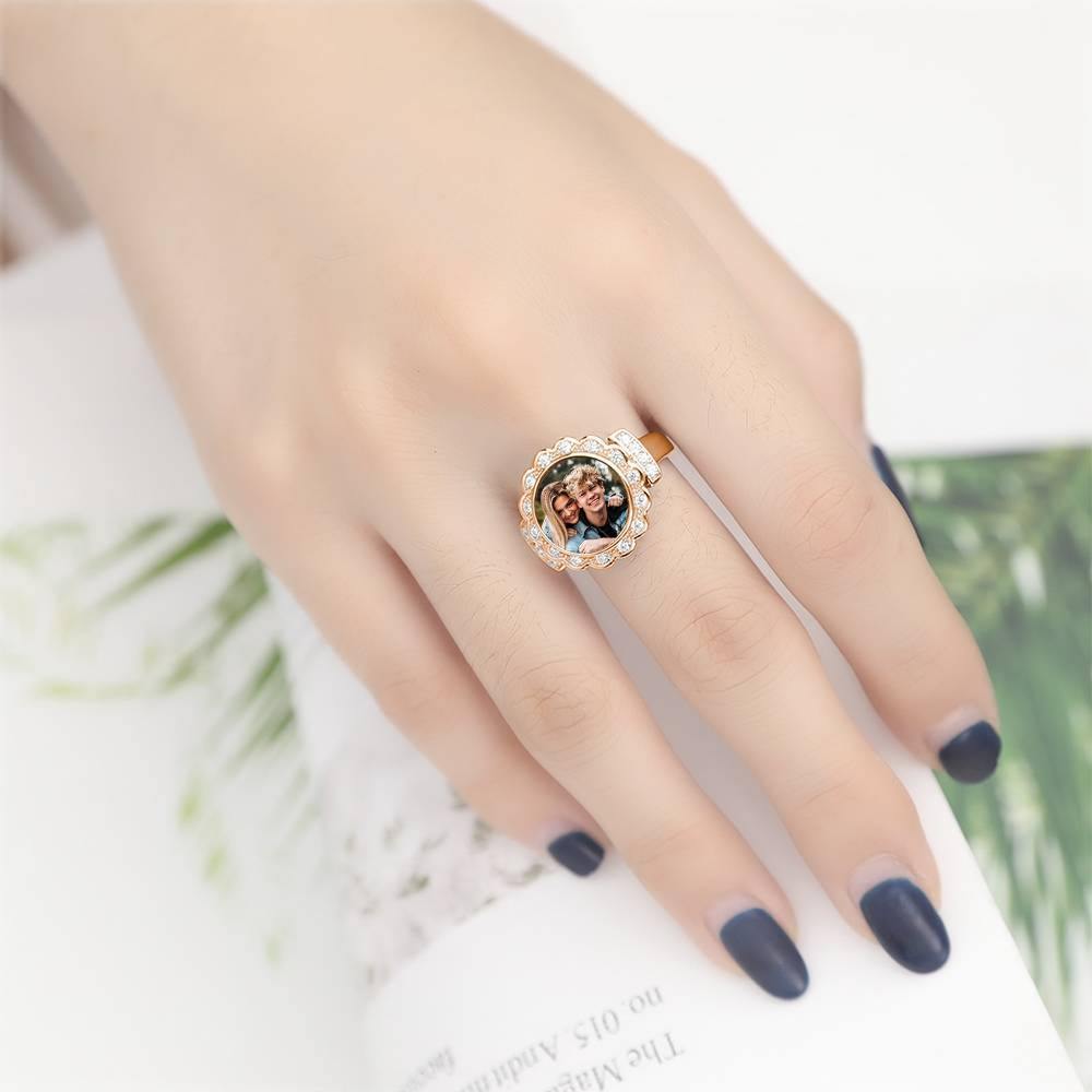 Photo Ring Round Photo with Zircon Mother's Gift 14K Gold Plated